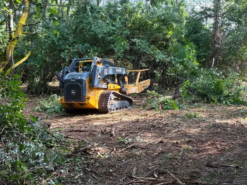 Track loader with a forestry mulcher working through thick brush