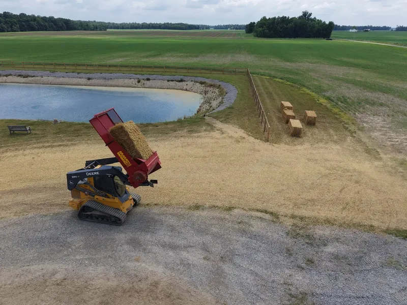Freshly seeded pond banks with straw cover